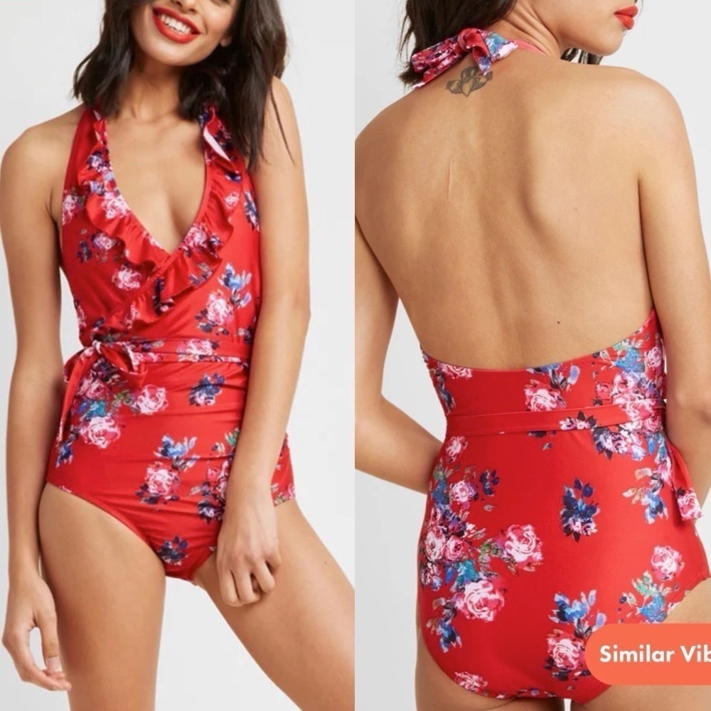 Modcloth Red Floral Ruffle Halter The Reese One Piece Swimsuit Size XS